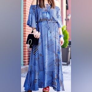 SheIn Blue & Black Boho Geometric Print Off-Shoulder Maxi Dress, Sz XL